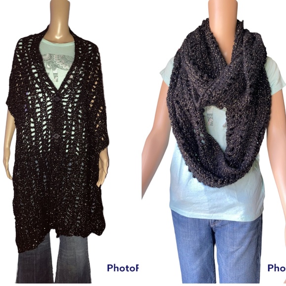 Black & Gold Convertible Scarf Poncho Shawl Wrap Versatile Hand Crocheted OOAK! - Picture 2 of 11